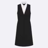 Dior Women Dress with Spread Collar Black Double-Sided Virgin Wool Crepe and White Cotton Poplin