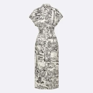 Dior Women Mid-Length Shirt Dress White and Black Cotton and Silk Poplin with Paris Allover Motif