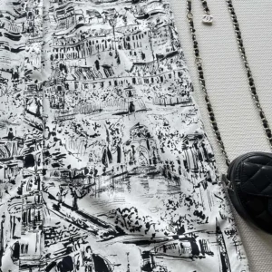 Dior Women Mid-Length Shirt Dress White and Black Cotton and Silk Poplin with Paris Allover Motif