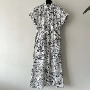 Dior Women Mid-Length Shirt Dress White and Black Cotton and Silk Poplin with Paris Allover Motif