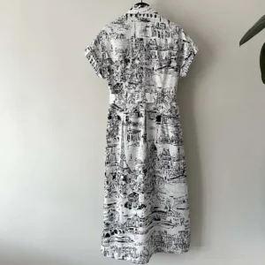 Dior Women Mid-Length Shirt Dress White and Black Cotton and Silk Poplin with Paris Allover Motif