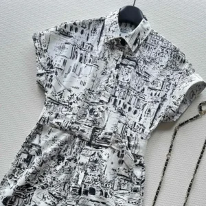 Dior Women Mid-Length Shirt Dress White and Black Cotton and Silk Poplin with Paris Allover Motif