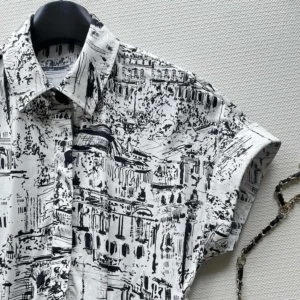 Dior Women Mid-Length Shirt Dress White and Black Cotton and Silk Poplin with Paris Allover Motif