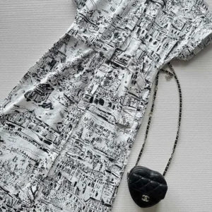 Dior Women Mid-Length Shirt Dress White and Black Cotton and Silk Poplin with Paris Allover Motif