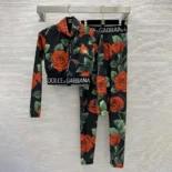 Dolce Gabbana D&G Women Spandex 2-piece Swimsuit with Rose Print Over a Black Background