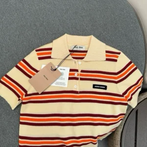 Miu Miu Women Cotton Striped Knit Polo Shirt