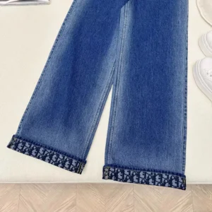 Dior Women Flared Jeans Blue Stonewashed Cotton Denim with Dior Oblique Interior
