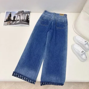 Dior Women Flared Jeans Blue Stonewashed Cotton Denim with Dior Oblique Interior