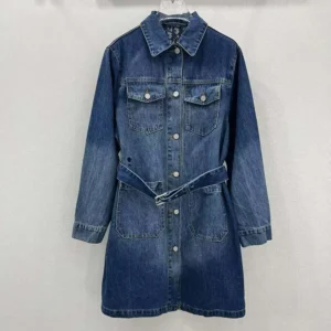Dior Women Long Belted Jacket Blue Stonewashed Cotton Denim with Dior Oblique Interior
