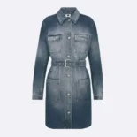 Dior Women Long Belted Jacket Blue Stonewashed Cotton Denim with Dior Oblique Interior