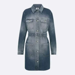 Dior Women Long Belted Jacket Blue Stonewashed Cotton Denim with Dior Oblique Interior