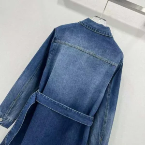 Dior Women Long Belted Jacket Blue Stonewashed Cotton Denim with Dior Oblique Interior