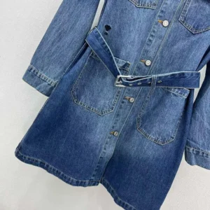 Dior Women Long Belted Jacket Blue Stonewashed Cotton Denim with Dior Oblique Interior