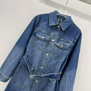 Dior Women Long Belted Jacket Blue Stonewashed Cotton Denim with Dior Oblique Interior