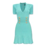 Balmain Women Flared Knit Dress-Light Blue DF1R7320KF247CN