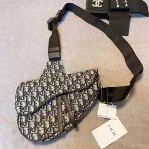 Dior Men Saddle Bag Beige and Black Dior Oblique Jacquard
