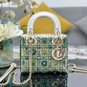Dior Women Small Lady Dior Bag Metallic Calfskin and Satin with Celestial Green Bead Embroidery