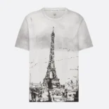 Dior Women T-Shirt Black and White Cotton and Linen Jersey with Paris Motif