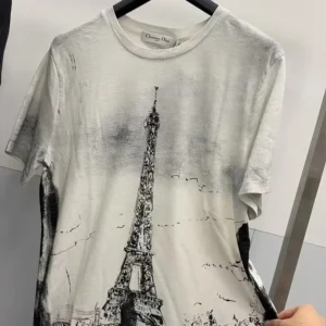 Dior Women T-Shirt Black and White Cotton and Linen Jersey with Paris Motif