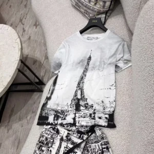 Dior Women T-Shirt Black and White Cotton and Linen Jersey with Paris Motif