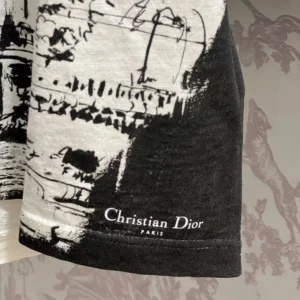 Dior Women T-Shirt Black and White Cotton and Linen Jersey with Paris Motif