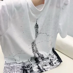 Dior Women T-Shirt Black and White Cotton and Linen Jersey with Paris Motif
