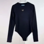 Prada Women Ribbed Knit Jersey Bodysuit-Black
