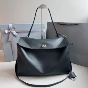 Balenciaga Women Rodeo Medium Handbag in Black Smooth Calfskin-Silver