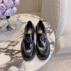 Christian Louboutin Women CL Moc Lug Loafers Abrasivato Calf Leather-Black