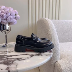 Christian Louboutin Women CL Moc Lug Loafers Abrasivato Calf Leather-Black