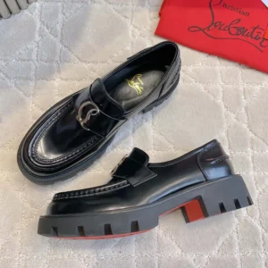 Christian Louboutin Women CL Moc Lug Loafers Abrasivato Calf Leather-Black