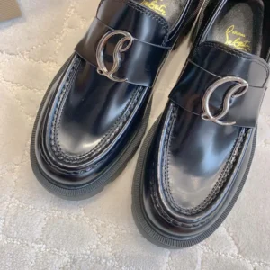 Christian Louboutin Women CL Moc Lug Loafers Abrasivato Calf Leather-Black