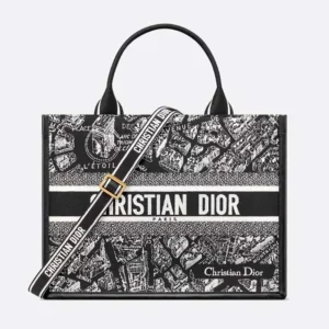 Dior Women Black and White Plan de Paris Embroidery with Black Calfskin