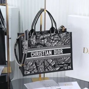 Dior Women Black and White Plan de Paris Embroidery with Black Calfskin