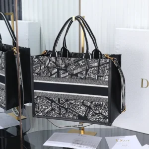 Dior Women Black and White Plan de Paris Embroidery with Black Calfskin