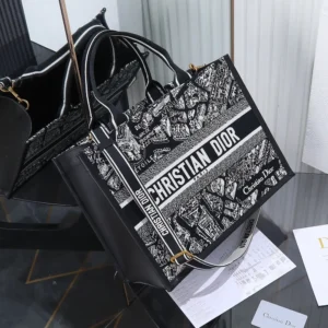 Dior Women Black and White Plan de Paris Embroidery with Black Calfskin