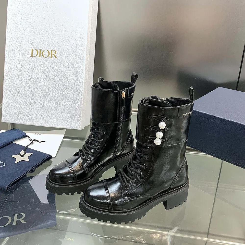 Dior Women D-Strike Ankle Boot Black Matte Calfskin and White Resin Pearls 3 Dior Women D-Strike Ankle Boot Black Matte Calfskin and White Resin Pearls