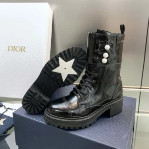 Dior Women D-Strike Ankle Boot Black Matte Calfskin and White Resin Pearls