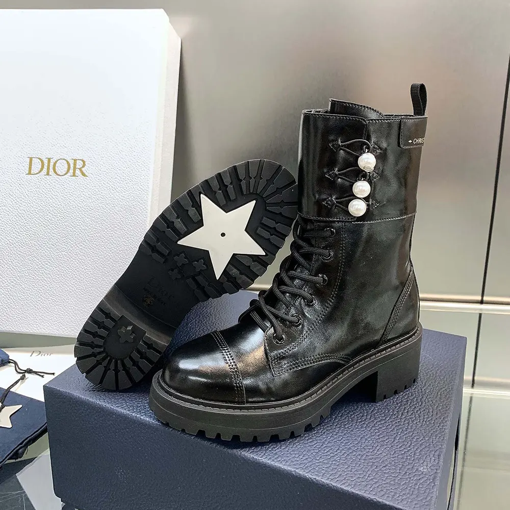 Dior Women D-Strike Ankle Boot Black Matte Calfskin and White Resin Pearls 10 Dior Women D-Strike Ankle Boot Black Matte Calfskin and White Resin Pearls