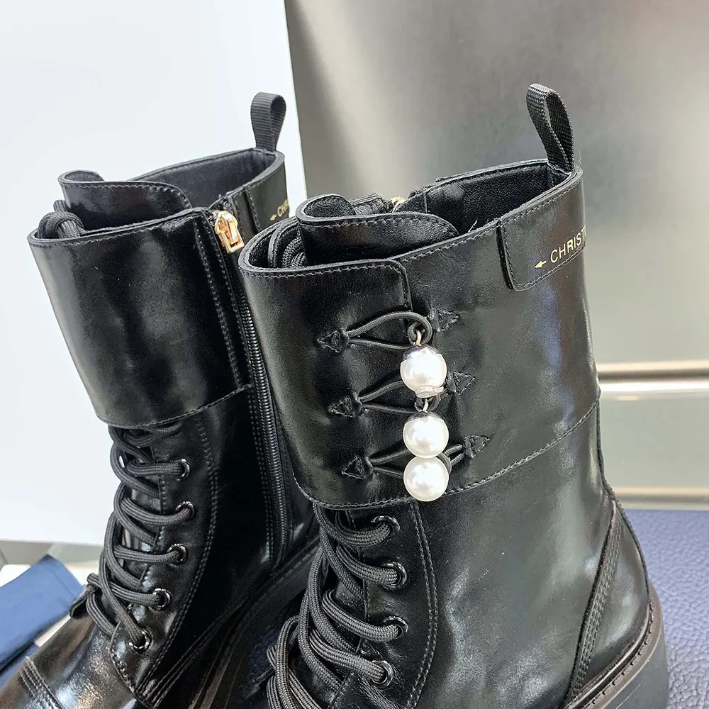 Dior Women D-Strike Ankle Boot Black Matte Calfskin and White Resin Pearls 9 Dior Women D-Strike Ankle Boot Black Matte Calfskin and White Resin Pearls
