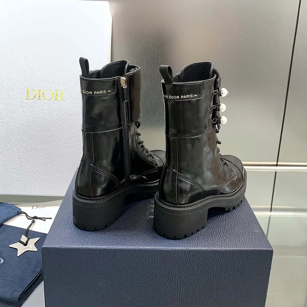 Dior Women D-Strike Ankle Boot Black Matte Calfskin and White Resin Pearls 7 Dior Women D-Strike Ankle Boot Black Matte Calfskin and White Resin Pearls