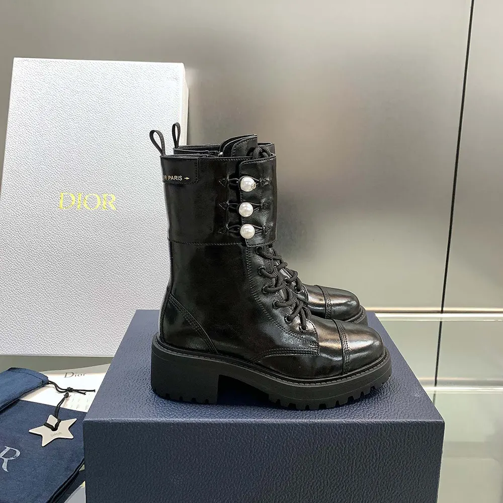 Dior Women D-Strike Ankle Boot Black Matte Calfskin and White Resin Pearls 5 Dior Women D-Strike Ankle Boot Black Matte Calfskin and White Resin Pearls