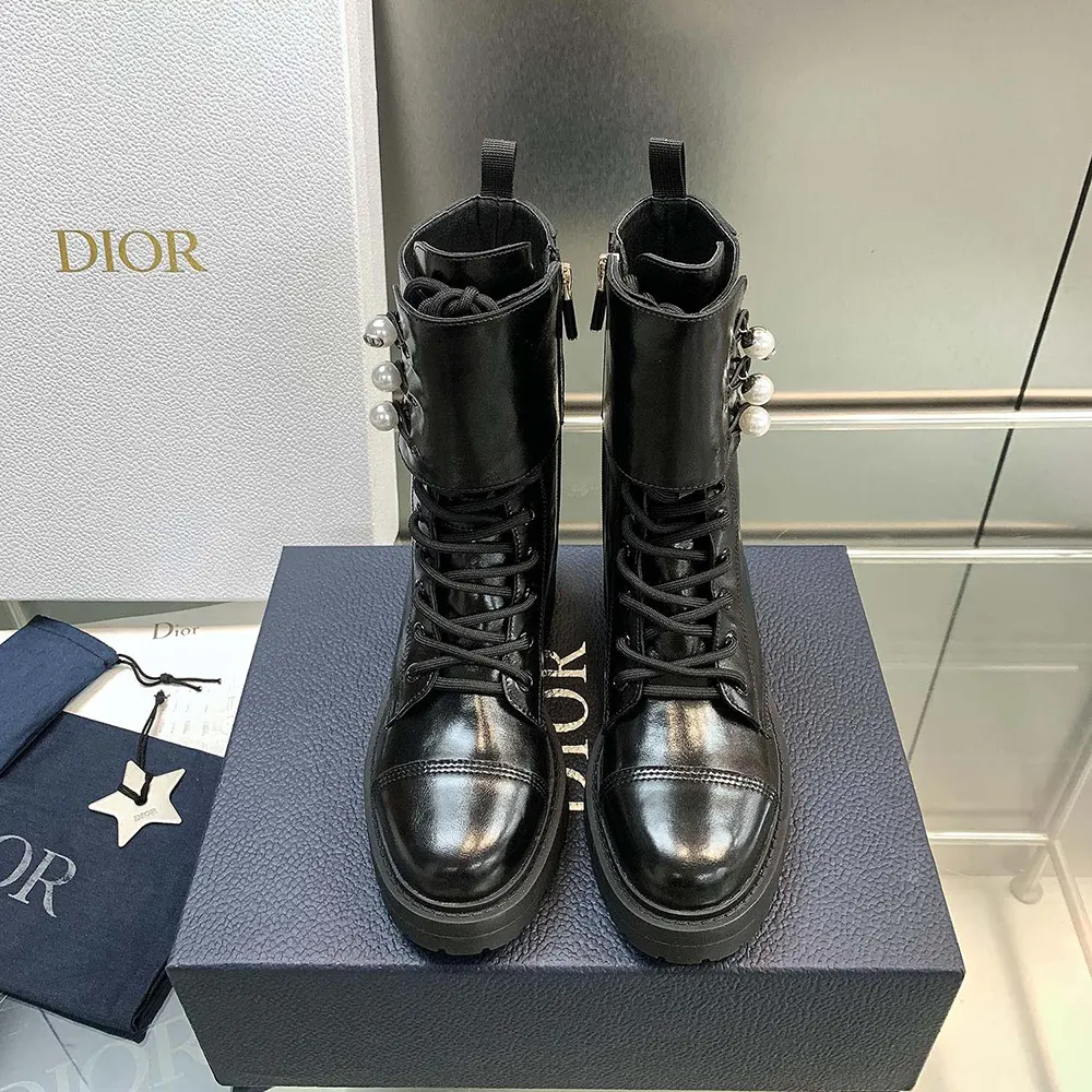 Dior Women D-Strike Ankle Boot Black Matte Calfskin and White Resin Pearls 6 Dior Women D-Strike Ankle Boot Black Matte Calfskin and White Resin Pearls