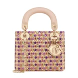 Dior Women Lady Dior Bag Metallic Calfskin and Satin with Celestial Pink Bead Embroidery
