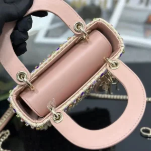 Dior Women Lady Dior Bag Metallic Calfskin and Satin with Celestial Pink Bead EmbroideryDior Women Lady Dior Bag Metallic Calfskin and Satin with Celestial Pink Bead Embroidery