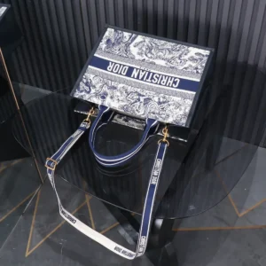 Dior Women Medium Dior Book Tote White and Navy Blue Toile de Jouy Sauvage Embroidery