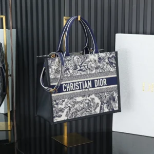Dior Women Medium Dior Book Tote White and Navy Blue Toile de Jouy Sauvage Embroidery