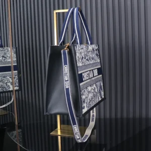 Dior Women Medium Dior Book Tote White and Navy Blue Toile de Jouy Sauvage Embroidery