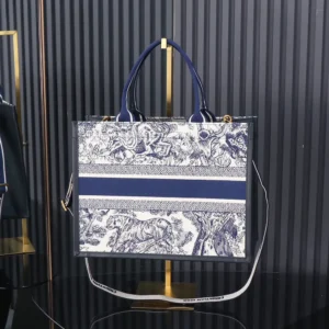 Dior Women Medium Dior Book Tote White and Navy Blue Toile de Jouy Sauvage Embroidery
