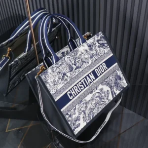Dior Women Medium Dior Book Tote White and Navy Blue Toile de Jouy Sauvage Embroidery